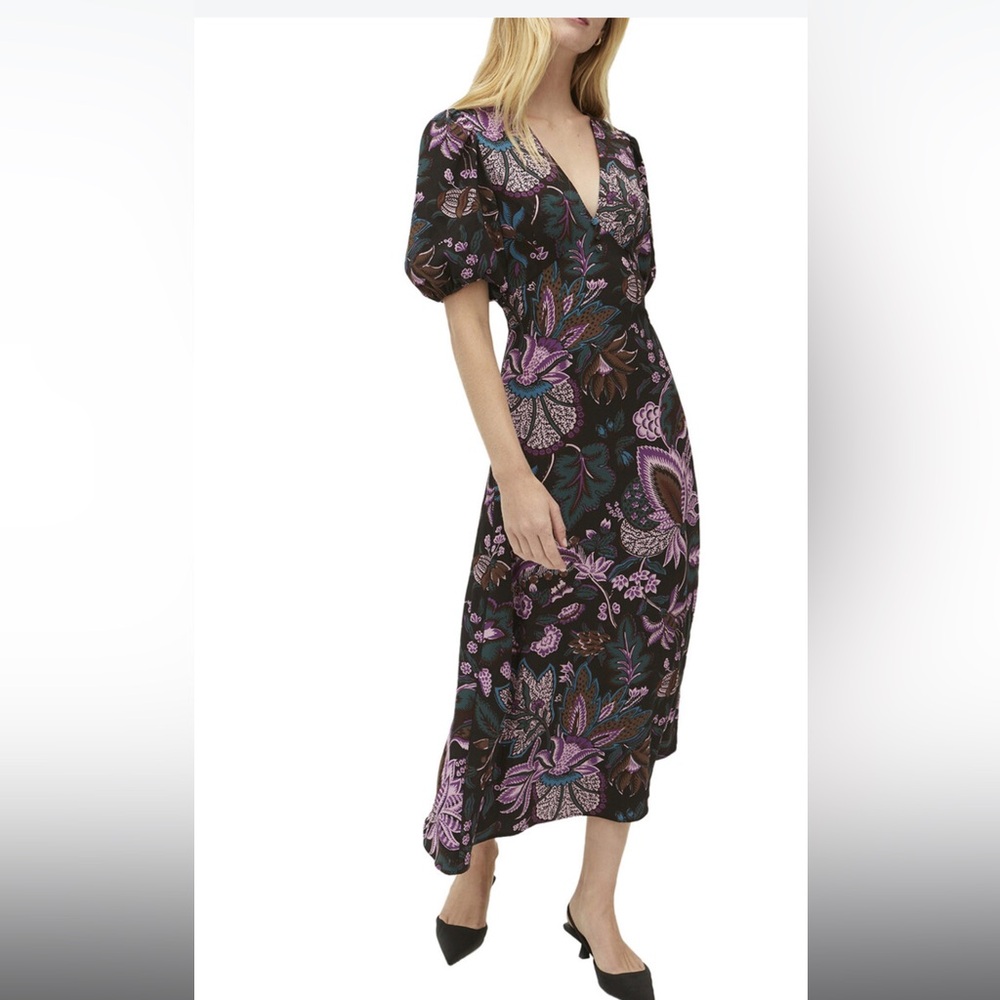 Rhode Floral Puff-Sleeve V-Neck Midi Dress - Black & Purple - Picture 2 of 5